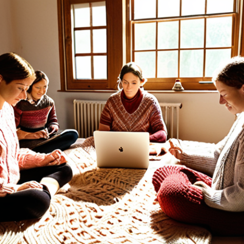 **Craft Circle Security:** A cozy image of a group of knitters in a sunlit room, but with digital watermarks subtly overlaid on their knitting patterns and laptops. The scene should convey a sense of trust and collaboration, with a gentle reminder of digital protection.
