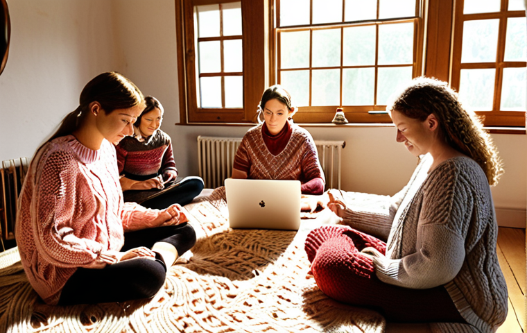 **Craft Circle Security:** A cozy image of a group of knitters in a sunlit room, but with digital watermarks subtly overlaid on their knitting patterns and laptops. The scene should convey a sense of trust and collaboration, with a gentle reminder of digital protection.